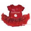 Christmas Red Baby Bodysuit Bling Red Sequins Pettiskirt & Sparkle Rhinestone My 1st Christmas Santa Claus Print JS4895